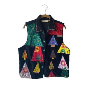 Carrie Allen Vintage Christmas Vest Black with Christmas Trees Size L
